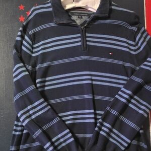 Tommy Hilfiger Men's Blue Striped Zip-Up Sweater
